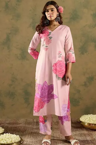 Floral Printed V-Neck Straight Kurta with Trousers
