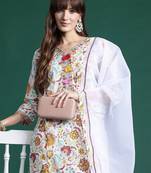 Women Floral Printed Thread Work Pure Cotton Kurta with Trousers & With Dupatta
