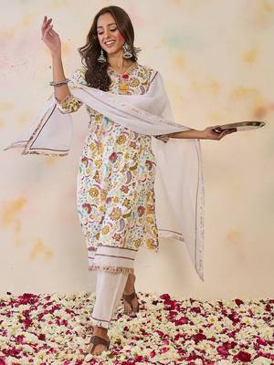 Women Floral Printed Thread Work Pure Cotton Kurta with Trousers & With Dupatta 2
