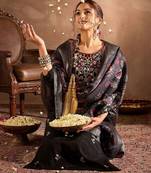 Floral Embroidered Thread Work Straight Kurta With Trousers And Dupatta