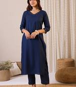 Floral Yoke Design V-Neck Sequinned Straight Kurta & Trousers