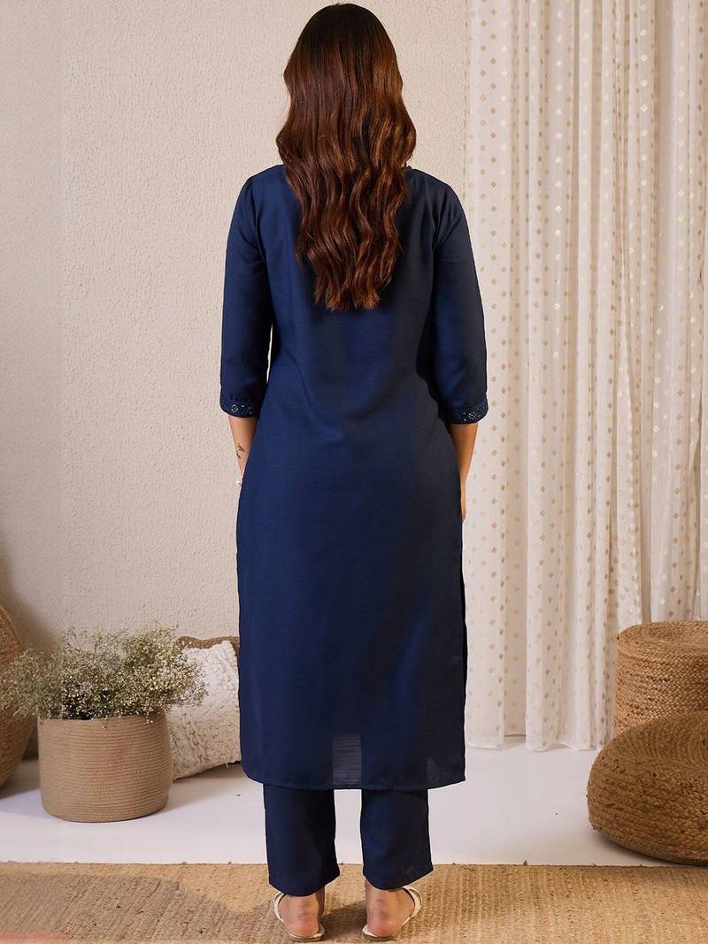 Floral Yoke Design V-Neck Sequinned Straight Kurta & Trousers
