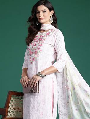 Embroidered Thread Work Pure Cotton Kurta With Trousers & Dupatta 1
