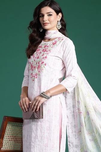Embroidered Thread Work  Cotton Kurta With Trousers & Dupatta