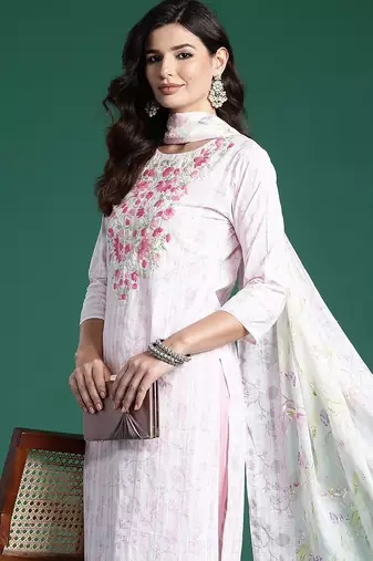 Embroidered Thread Work Pure Cotton Kurta With Trousers & Dupatta