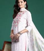 Embroidered Thread Work Pure Cotton Kurta With Trousers & Dupatta