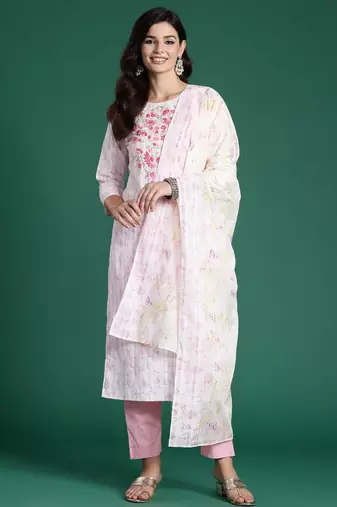 Embroidered Thread Work Pure Cotton Kurta With Trousers & Dupatta