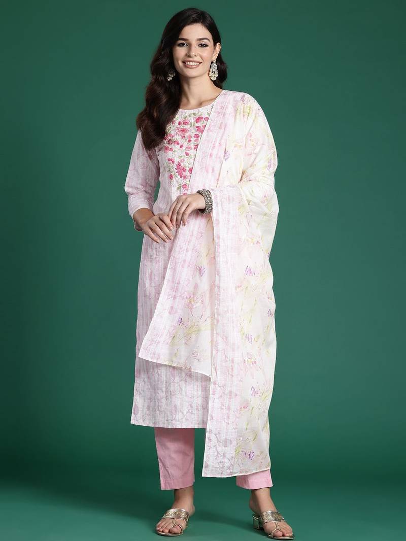 Embroidered Thread Work Pure Cotton Kurta With Trousers & Dupatta