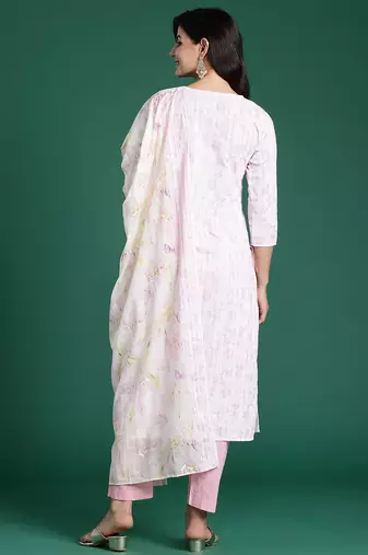 Embroidered Thread Work Pure Cotton Kurta With Trousers & Dupatta
