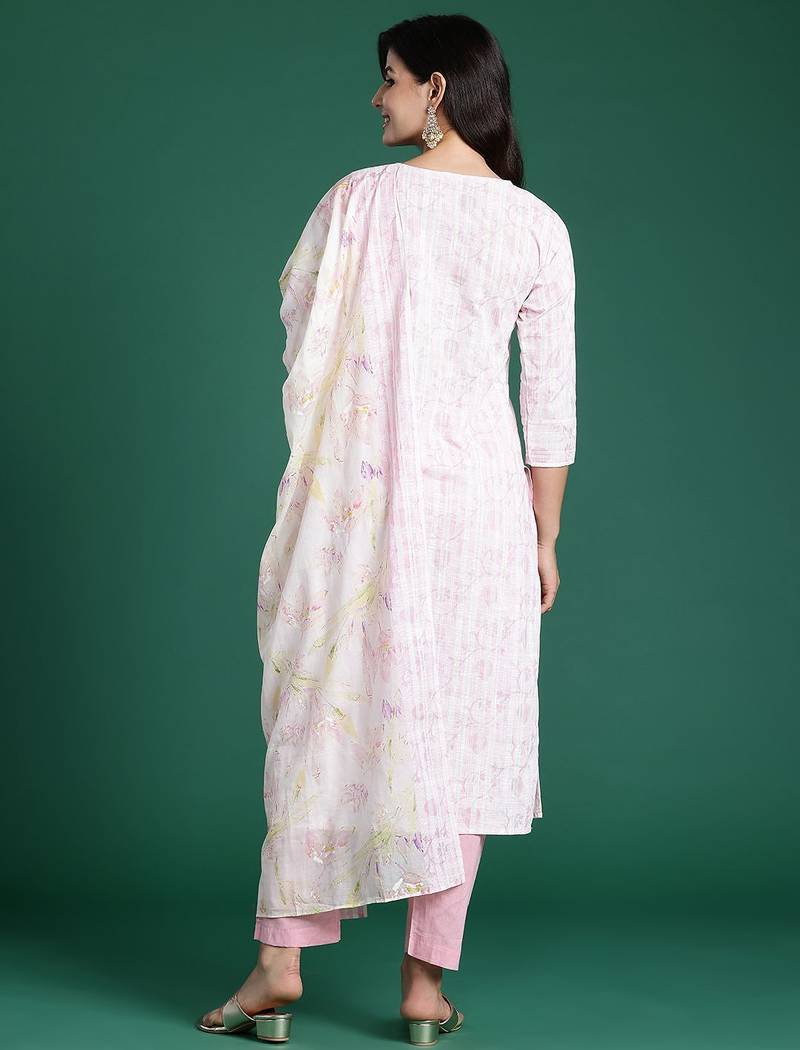 Embroidered Thread Work Pure Cotton Kurta With Trousers & Dupatta