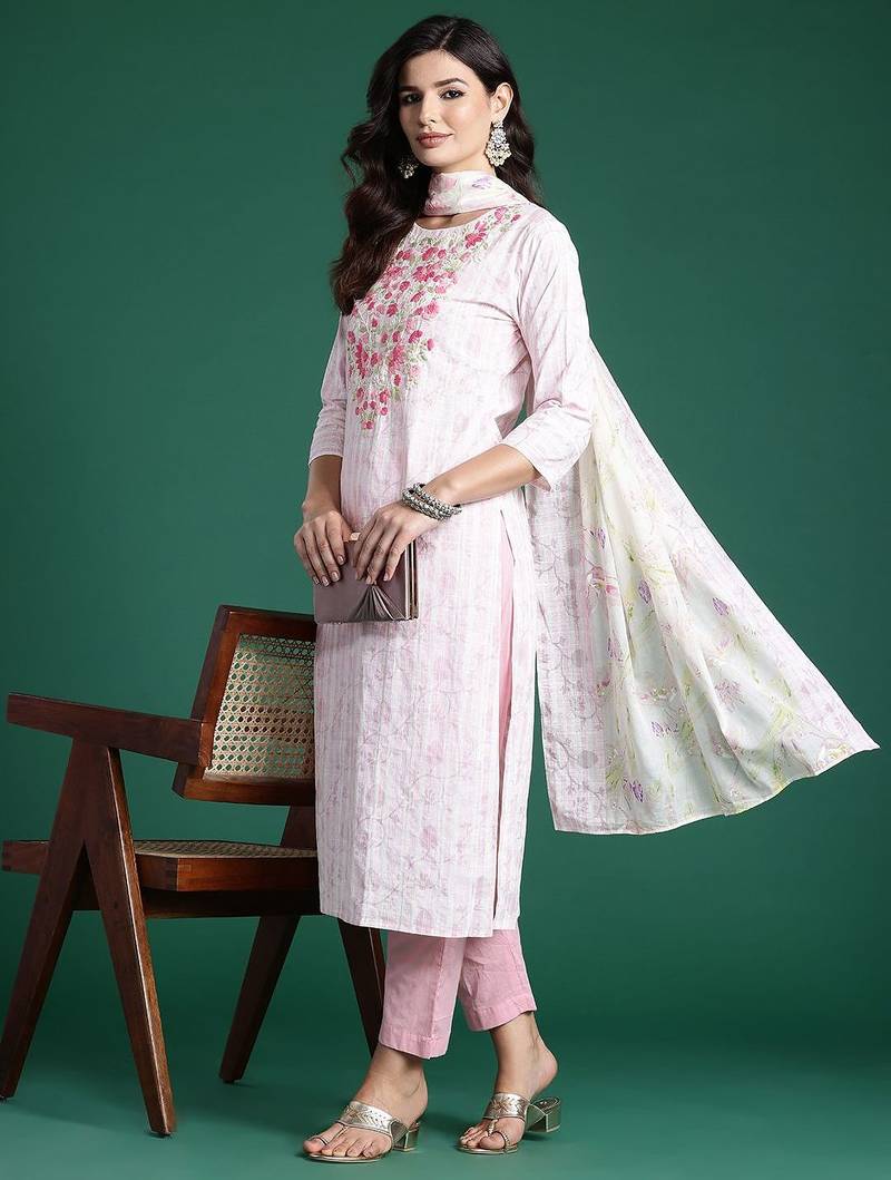 Embroidered Thread Work Pure Cotton Kurta With Trousers & Dupatta