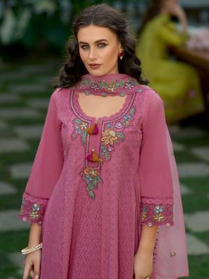 Floral Embroidered  Cotton Anarkali Kurta With Trousers And Dupatta 1