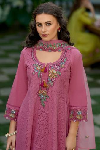 Floral Embroidered  Cotton Anarkali Kurta With Trousers And Dupatta