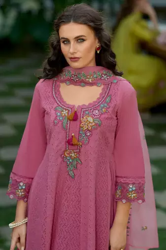 Floral Embroidered  Cotton Anarkali Kurta With Trousers And Dupatta