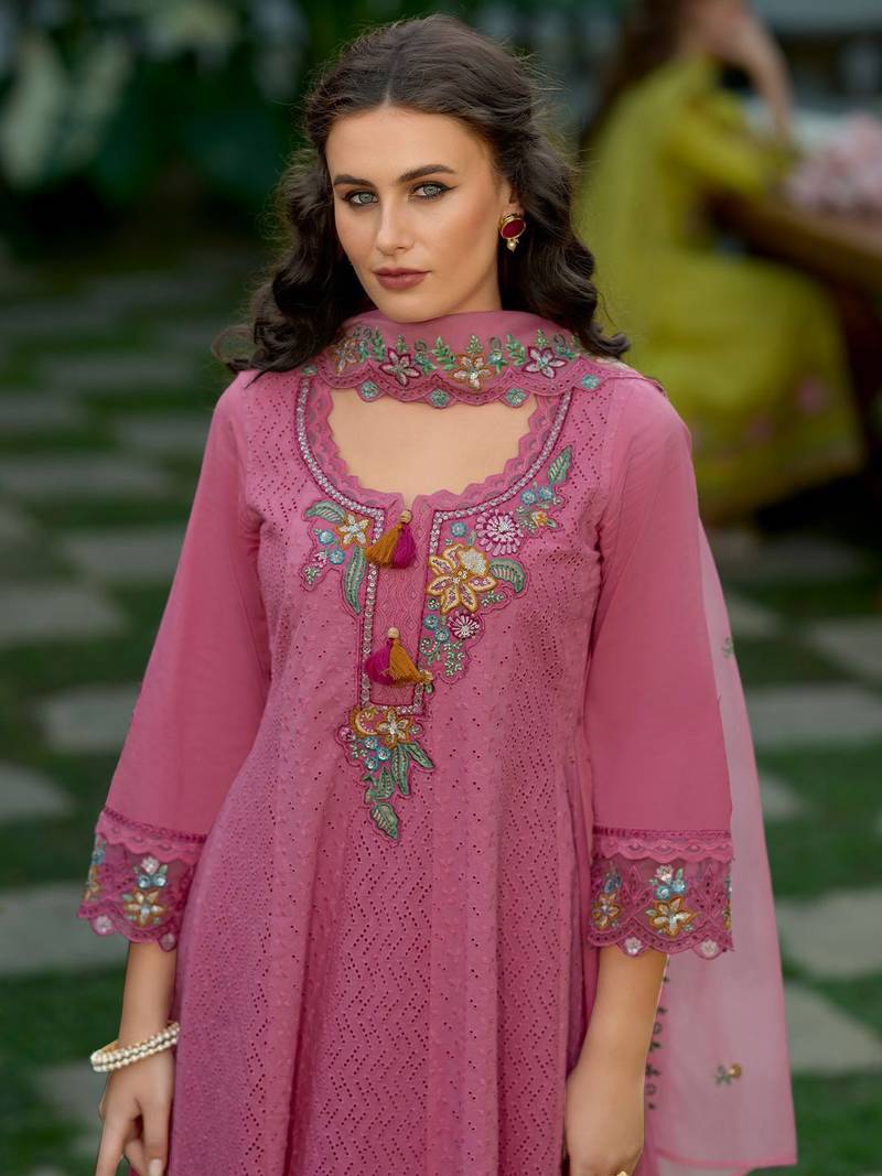 Floral Embroidered Pure Cotton Anarkali Kurta With Trousers And Dupatta