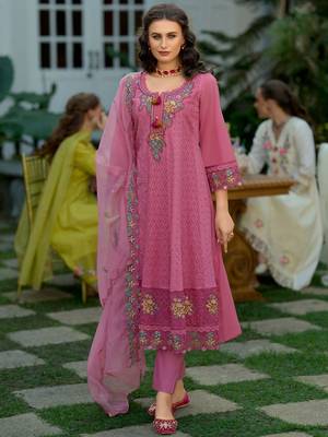 Floral Embroidered  Cotton Anarkali Kurta With Trousers And Dupatta 2