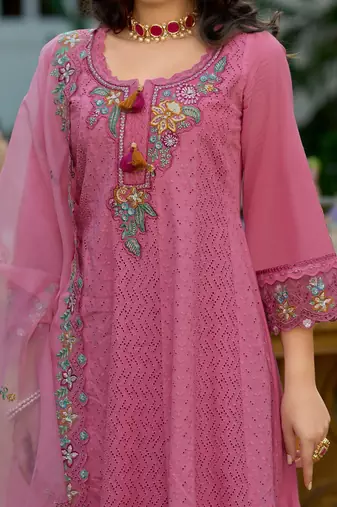 Floral Embroidered  Cotton Anarkali Kurta With Trousers And Dupatta