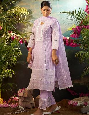 Women Ethnic Motifs Embroidered Cotton Kurta with Trousers & Dupatta 5