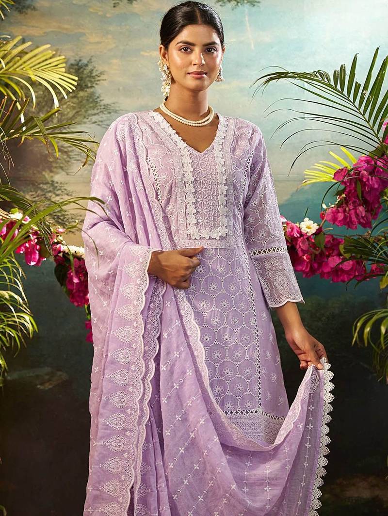 Women Ethnic Motifs Embroidered Cotton Kurta with Trousers & Dupatta