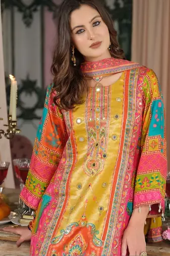 Women Ethnic Motifs Printed Regular Mirror Work Kurta with Palazzos & With Dupatta