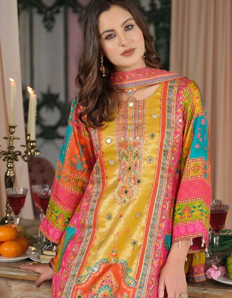 Women Ethnic Motifs Printed Regular Mirror Work Kurta with Palazzos & With Dupatta