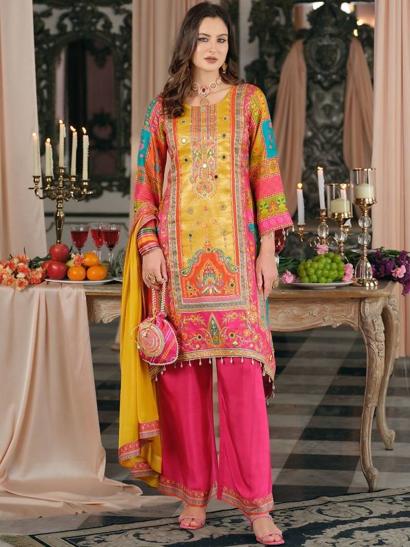 Women Ethnic Motifs Printed Regular Mirror Work Kurta with Palazzos & With Dupatta
