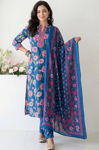 Women Floral Printed Regular  Cotton Kurta with Trousers & With Dupatta