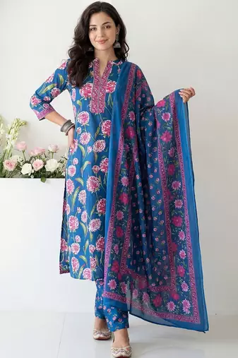 Women Floral Printed Regular Pure Cotton Kurta with Trousers & With Dupatta