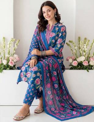 Women Floral Printed Regular Pure Cotton Kurta with Trousers & With Dupatta 6