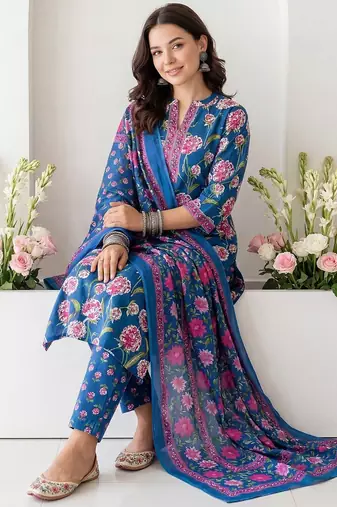 Women Floral Printed Regular Pure Cotton Kurta with Trousers & With Dupatta