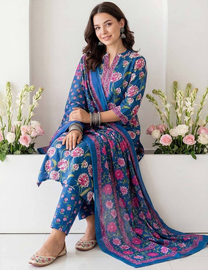 Women Floral Printed Regular Pure Cotton Kurta with Trousers & With Dupatta