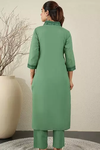 Ethnic Motifs Embroidered Thread Work Pure Cotton Kurta With Trousers