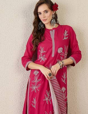 Women Embroidered Beads and Stones  Cotton Kurta with Trousers & Dupatta 1