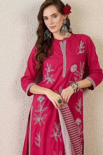 Women Embroidered Beads and Stones  Cotton Kurta with Trousers & Dupatta