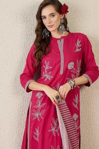 Women Embroidered Beads and Stones  Cotton Kurta with Trousers & Dupatta