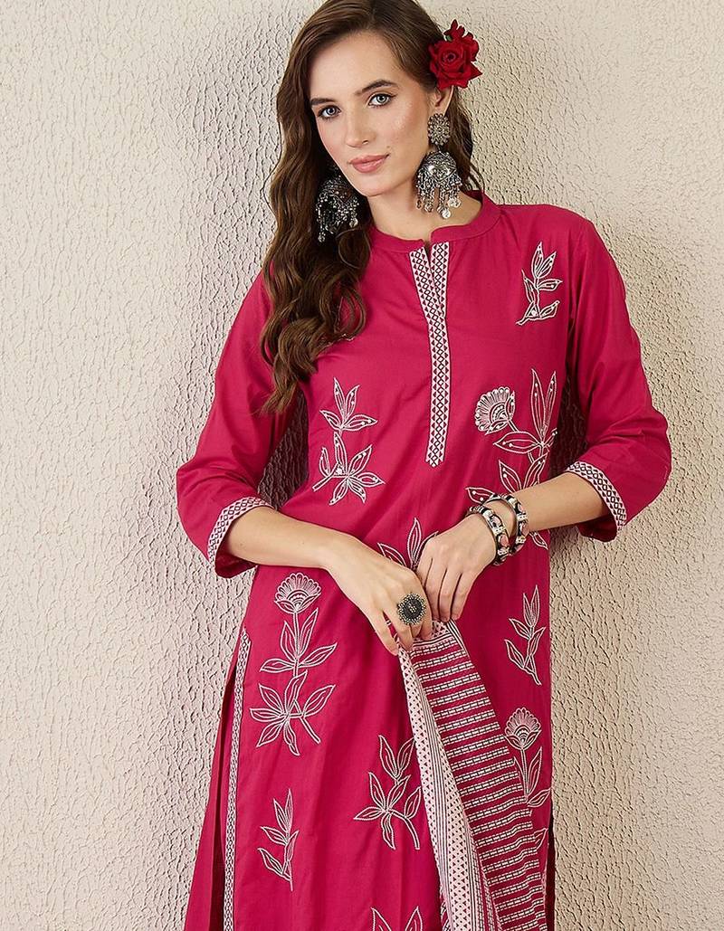 Women Embroidered Beads and Stones  Cotton Kurta with Trousers & Dupatta
