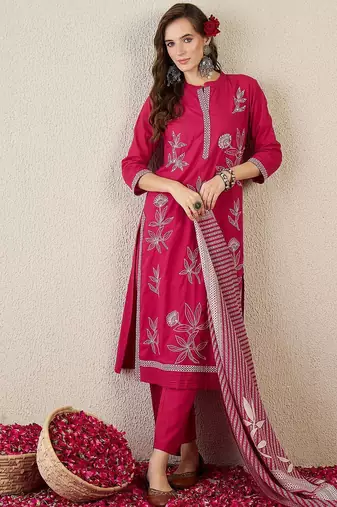 Women Embroidered Beads and Stones  Cotton Kurta with Trousers & Dupatta