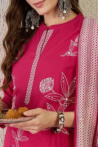 Women Embroidered Beads and Stones  Cotton Kurta with Trousers & Dupatta