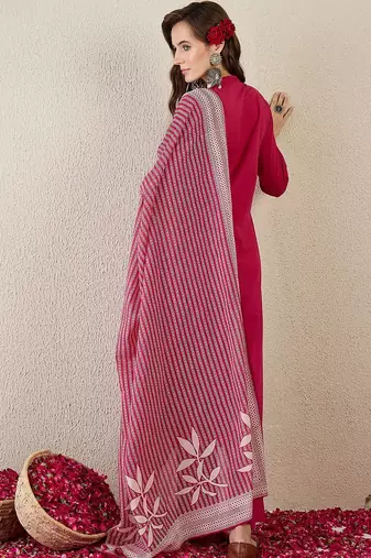 Women Embroidered Beads and Stones  Cotton Kurta with Trousers & Dupatta