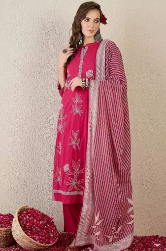 Women Embroidered Beads and Stones  Cotton Kurta with Trousers & Dupatta