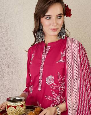 Women Embroidered Beads and Stones  Cotton Kurta with Trousers & Dupatta 7