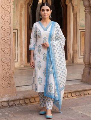 Women Floral Printed Regular Sequinned Pure Cotton Kurta with Trousers & With Dupatta 1