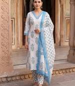 Women Floral Printed Regular Sequinned Pure Cotton Kurta with Trousers & With Dupatta