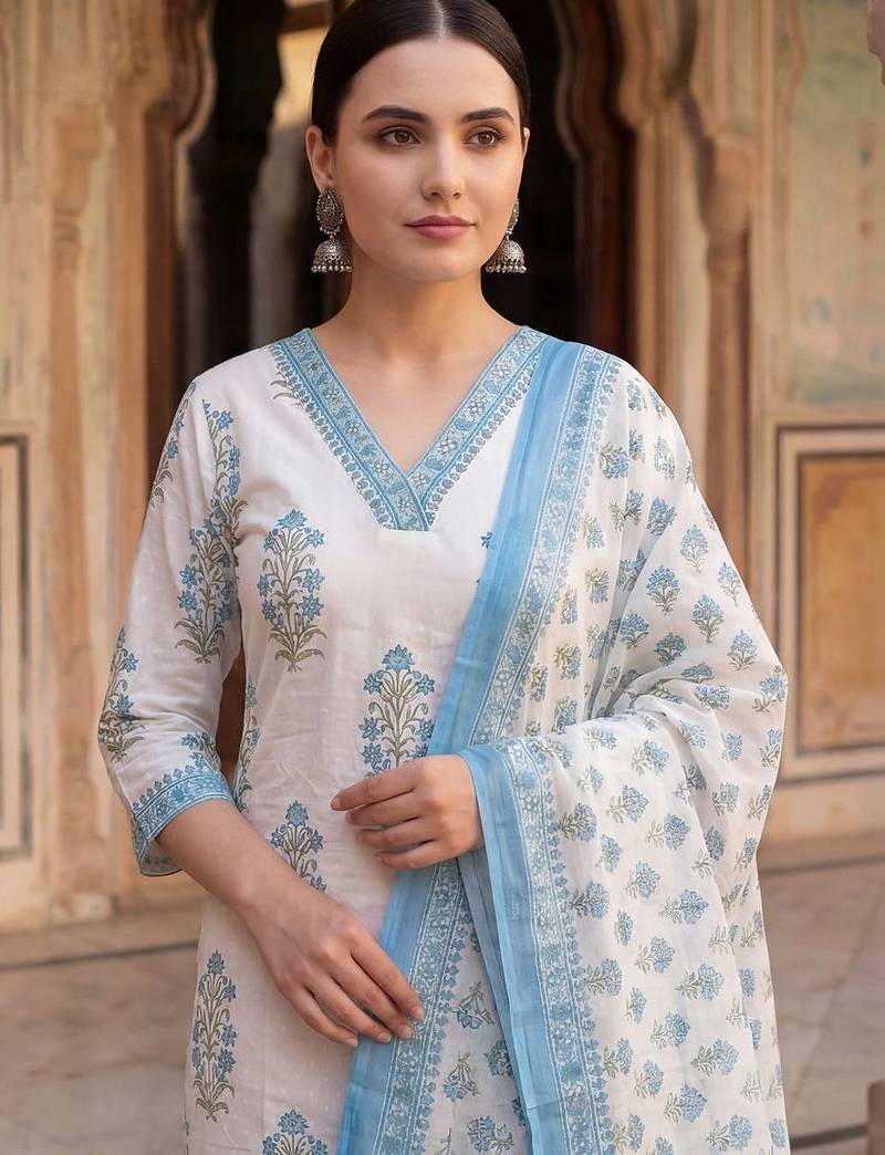 Women Floral Printed Regular Sequinned Pure Cotton Kurta with Trousers & With Dupatta