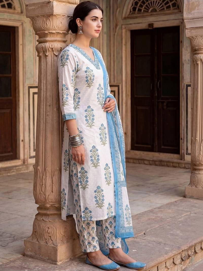 Women Floral Printed Regular Sequinned Pure Cotton Kurta with Trousers & With Dupatta