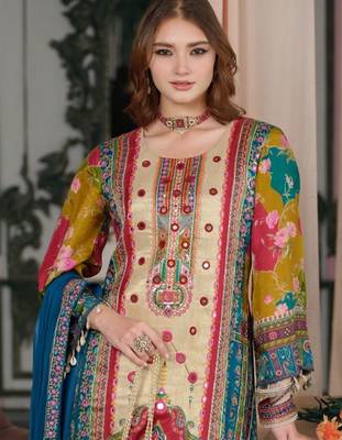 Women Ethnic Motifs Printed Regular Mirror Work Kurta with Palazzos & With Dupatta 1