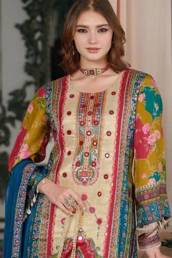 Women Ethnic Motifs Printed Regular Mirror Work Kurta with Palazzos & With Dupatta