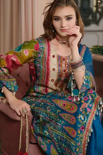 Women Ethnic Motifs Printed Regular Mirror Work Kurta with Palazzos & With Dupatta