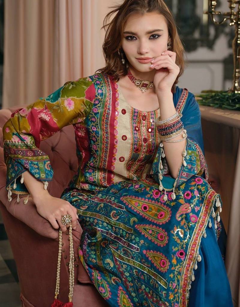 Women Ethnic Motifs Printed Regular Mirror Work Kurta with Palazzos & With Dupatta