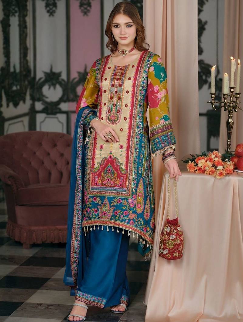 Women Ethnic Motifs Printed Regular Mirror Work Kurta with Palazzos & With Dupatta